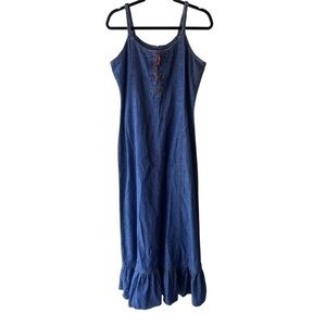 Denim Midi Dress Lace Up Western Boho Ruffle Hem Size M Stampede